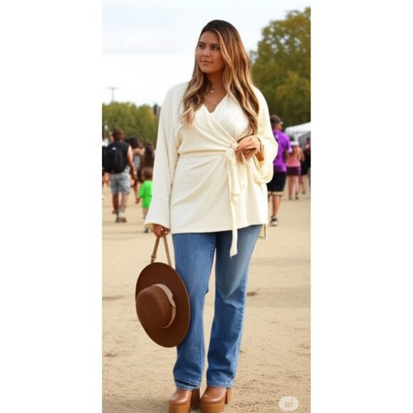 Lane Bryant Long Sleeve V Neck Tie Waist Mid-Length Wrap Sweater Cream Size 14 - Picture 1 of 11